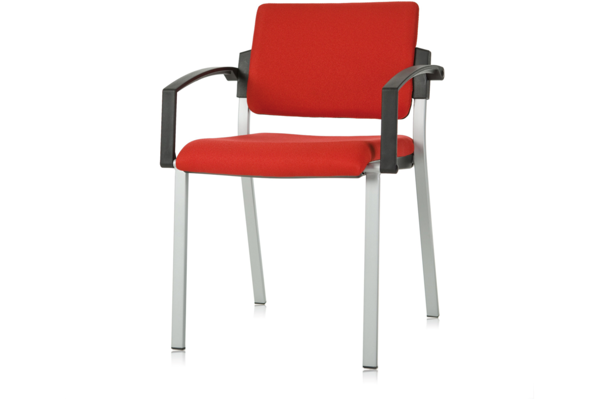 Stoel Rome, rug en zit stof rood, met armleggers, alu frame stapelb.