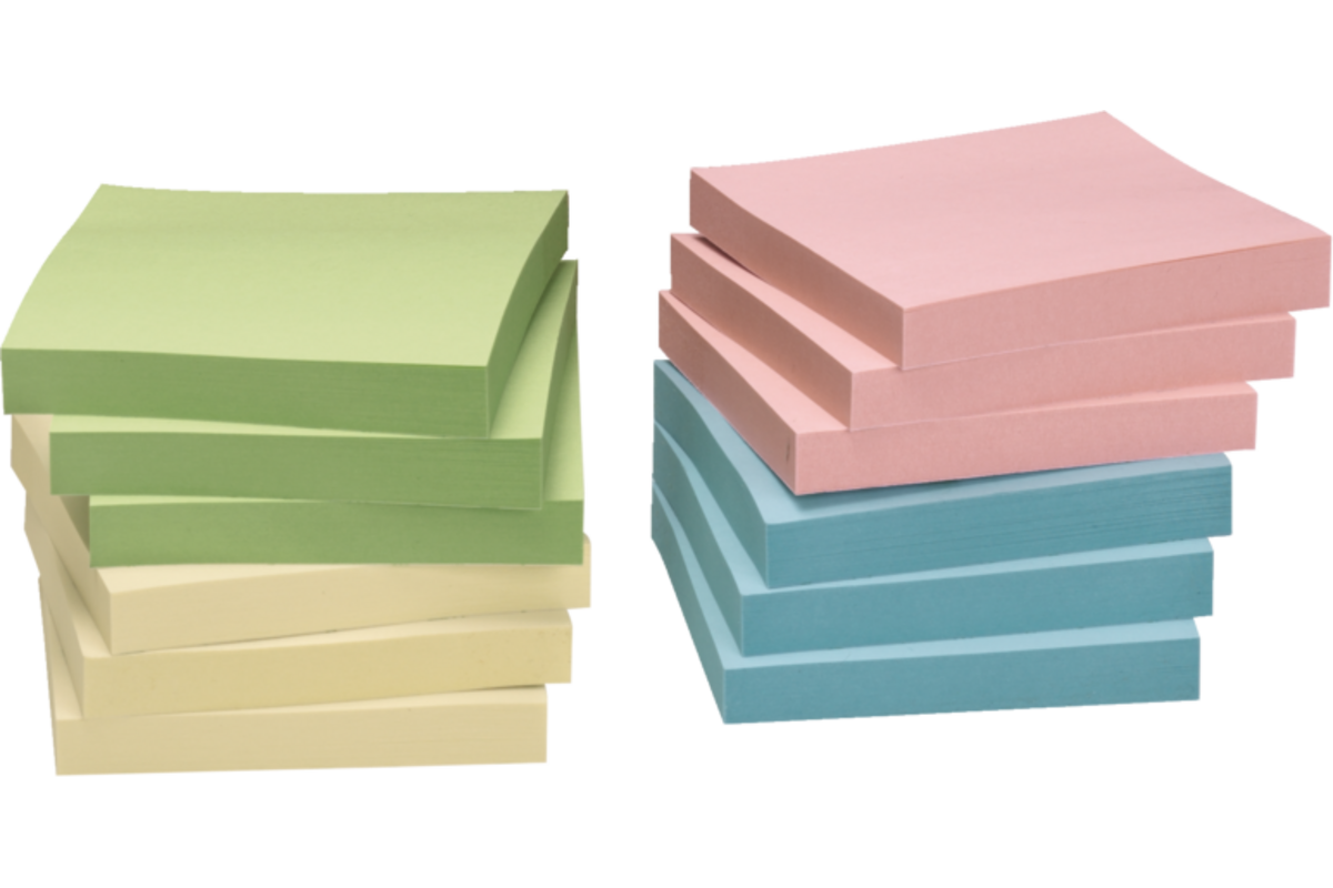 Memoblaadjes 75 × 75 mm assorti recycled, 12 blok a 100 vel