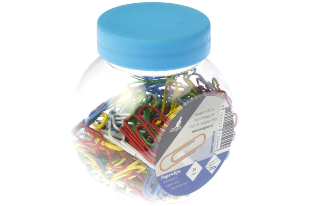 Paperclip gekleurd 25 mm in schroefdop box, 200 stuks