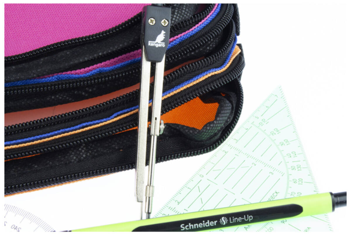 Schooletui 3-vaks oranje/ blauw/fuchsia ca 25 x 9 x 11 cm