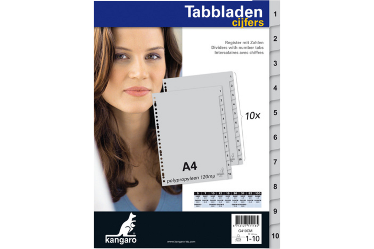 Tabbladen Kangaro A4 cijfers PP 120mµ grijs 23-rings 10-delig
