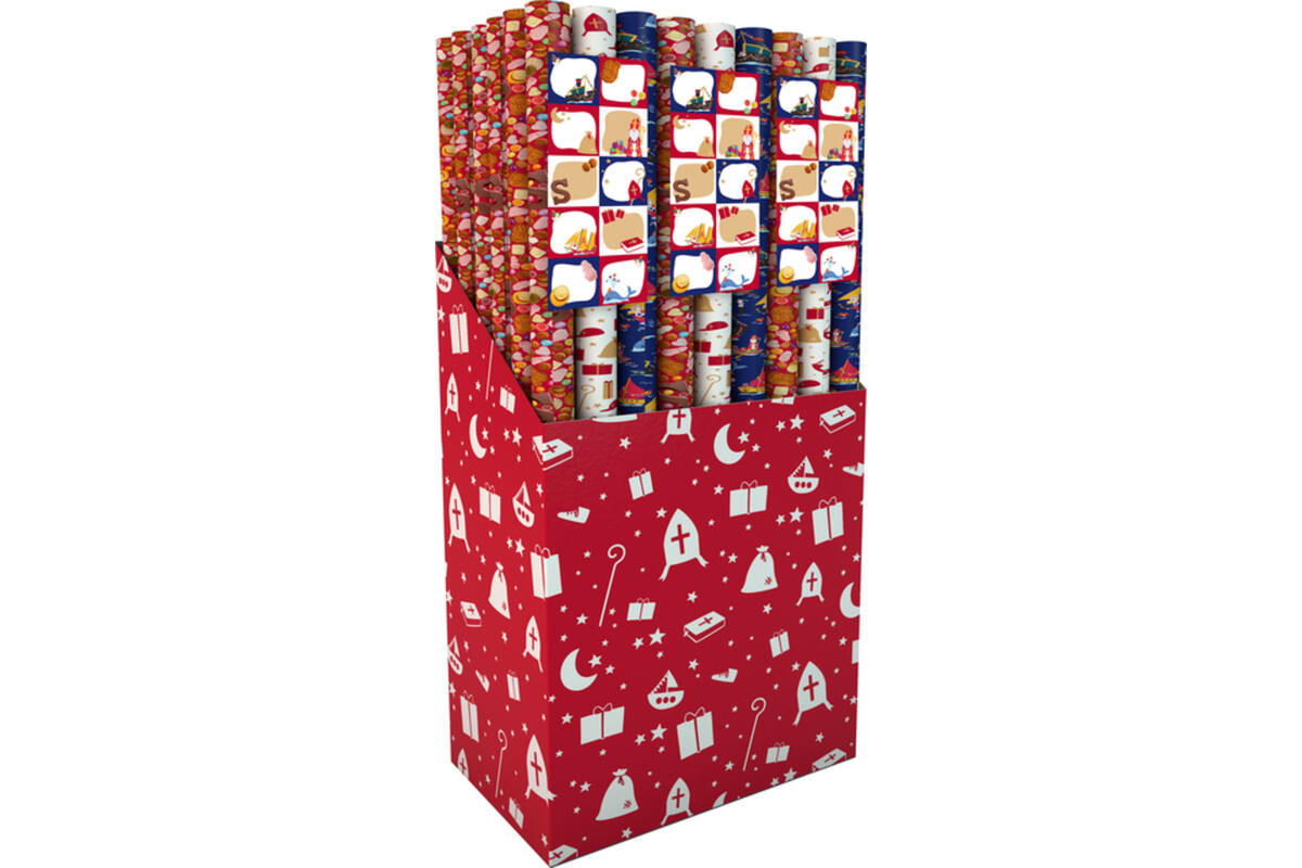 Cadeaupapier Sint assorti 70 x 200 cm, 3 rollen inclusief etiketten