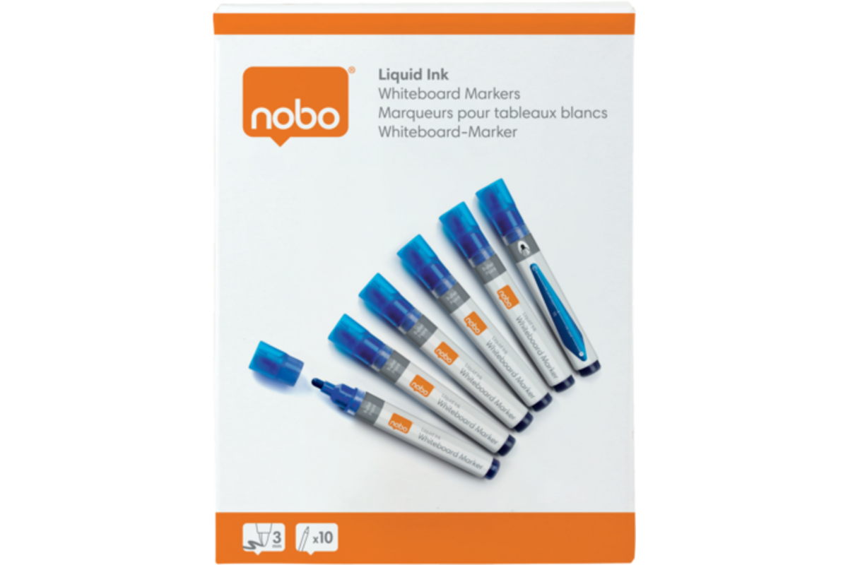 Whiteboardstiften Nobo Liquid Ink ronde punt 3 mm blauw, 10 stuks