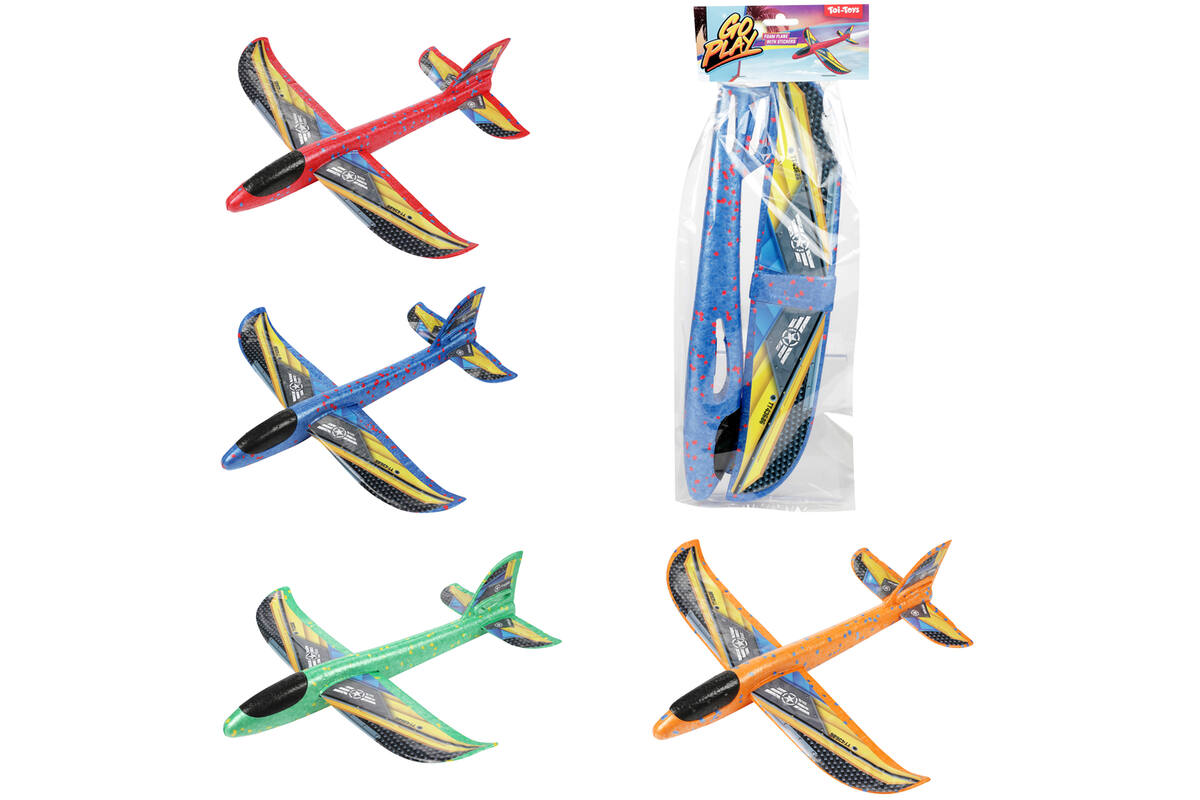 Foam vliegtuig 36 cm met stickers assorti