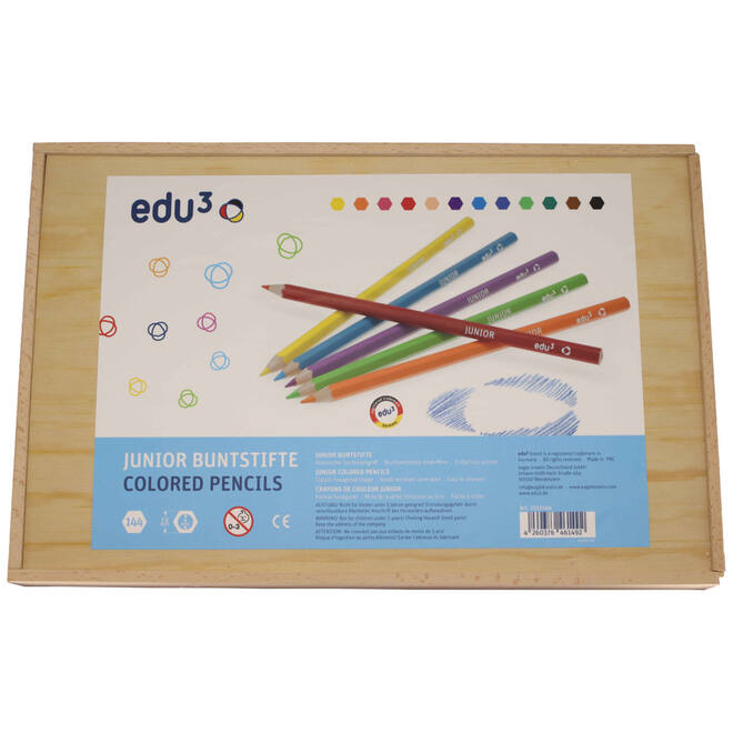 Kleurpotloden edu³ Junior 7,6 mm assorti, 144 stuks in houten kist