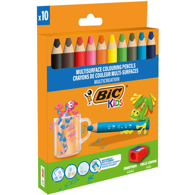 Kleurpotloden BIC Multi surface 3-in-1 assorti, 10 stuks incl. slijper