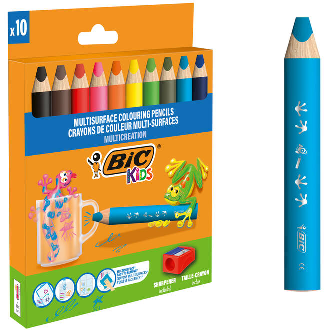 Kleurpotloden BIC Multi surface 3-in-1 assorti, 10 stuks incl. slijper