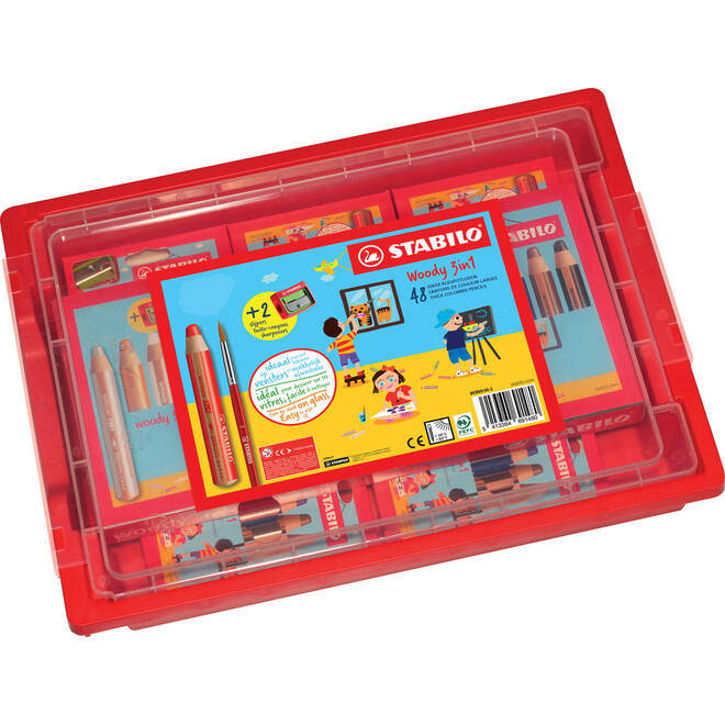 Waskrijt aquarel STABILO Woody 3-in-1 assorti classpack, 48 stuks incl. slijpers