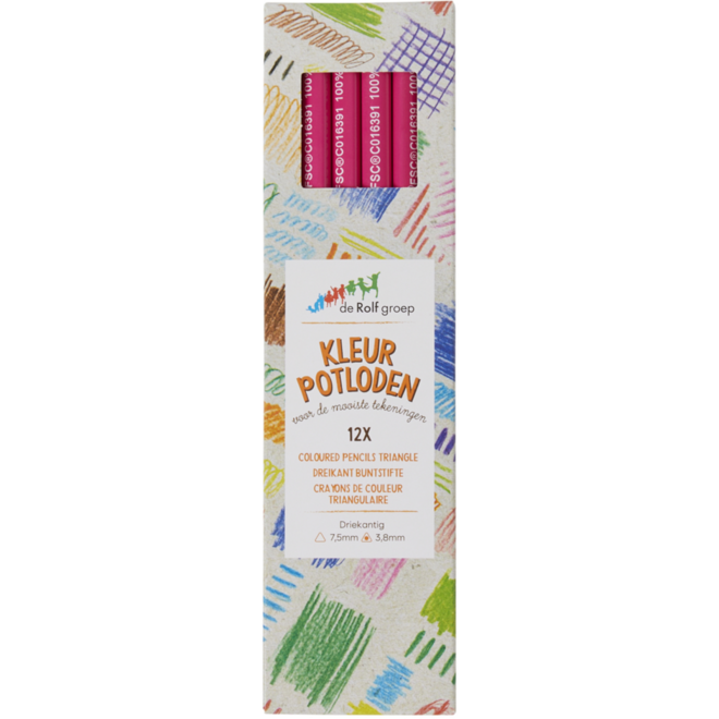 Kleurpotloden | de Rolf groep | driekantig roze, 12 stuks