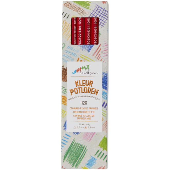 Kleurpotloden | de Rolf groep | driekantig rood, 12 stuks