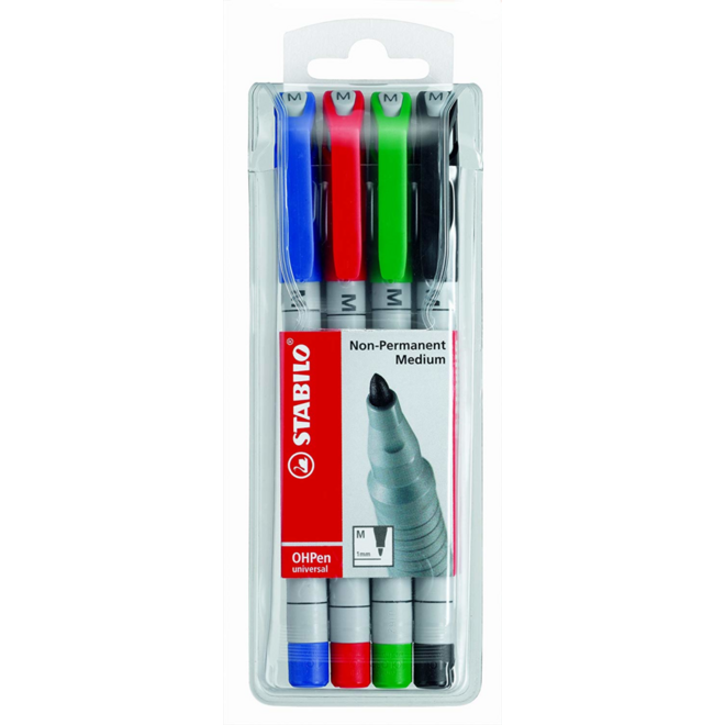 Overheadschrijver STABILO uitwisbaar ass. 4 stuks
