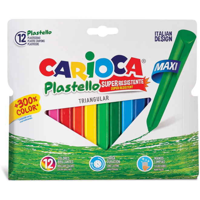 Waskrijtjes Carioca Plastello Maxi driekantig, 12 stuks