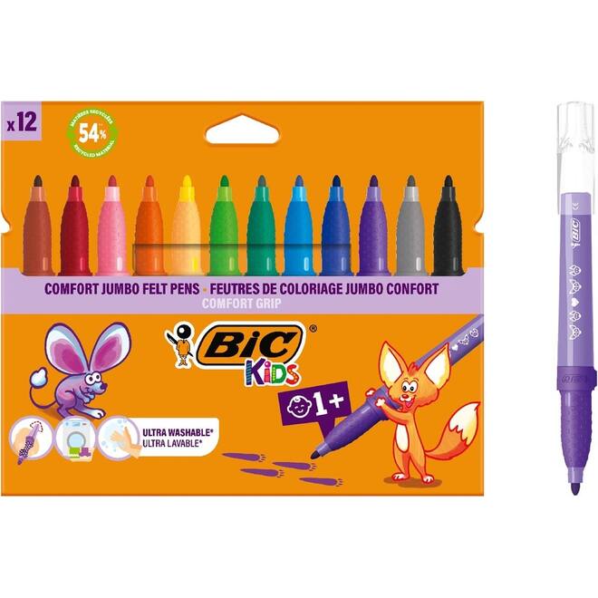 Viltstiften BIC kids comfort jumbo assorti, 12 stuks