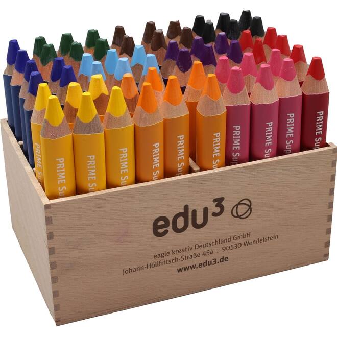 Kleurpotloden edu³ Super Jumbo 15 mm driekantig assorti, 60 stuks in houten kist