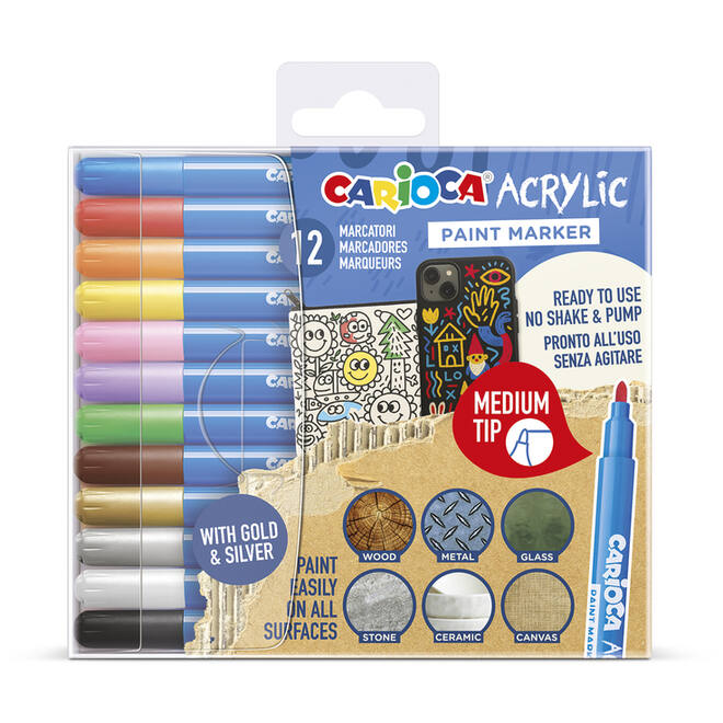 Acrylstiften Carioca assorti medium punt, 12 stuks