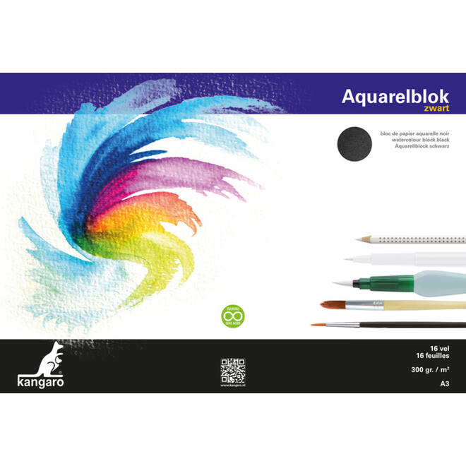 Aquarelpapier A3 zwart 300 gram, 16 vel
