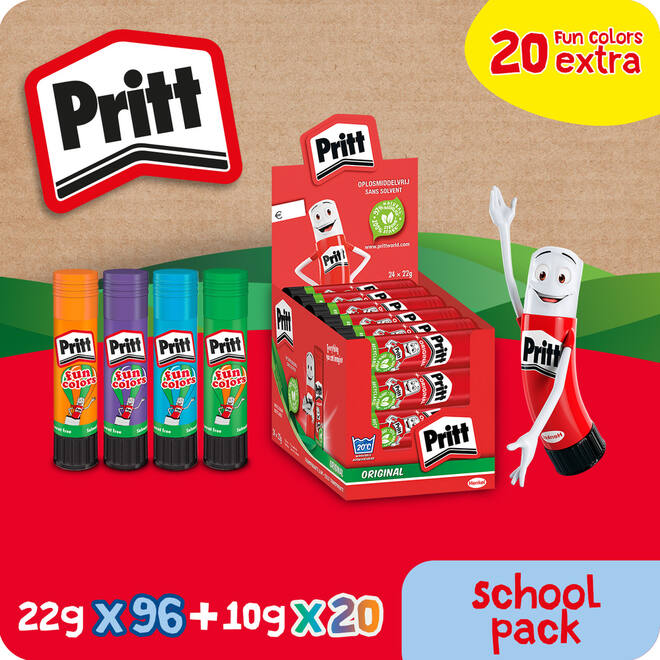 Plakstift Pritt 22 gram 96. st + 20 st. Pritt Color 10 gram