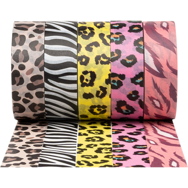 Washi Tape dierenpatronen 15 mm x 5 meter, 5 stuks