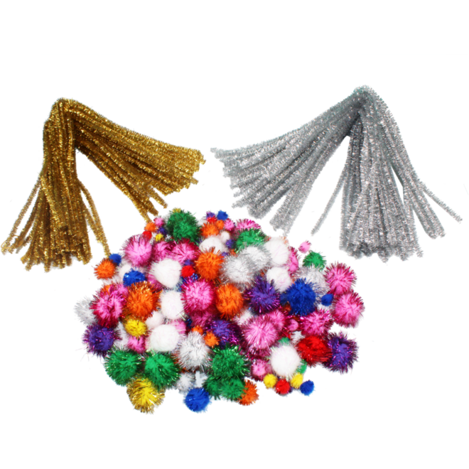 Chenilledraad/pompons glitterpakket assorti, 300 stuks