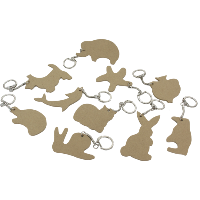 Sleutelhangers met dierenmotief hout 7 cm, 10 stuks