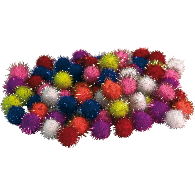 Pompons glitter, 100 stuks in diverse kleuren en maten