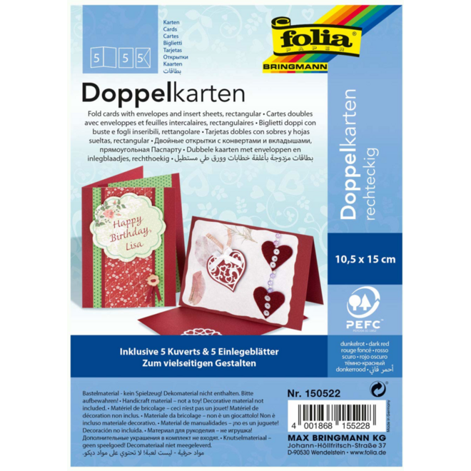 Wenskaart dubbel rood, 5 stuks