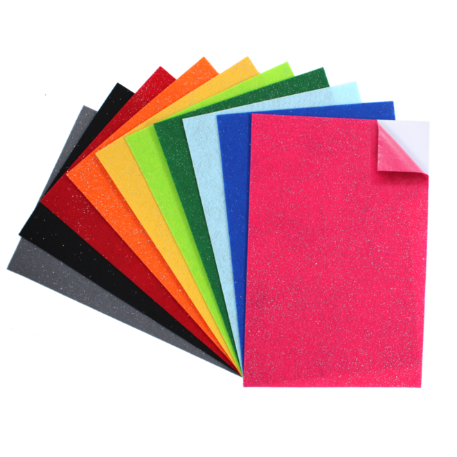 Vilt bio-glitter met plaklaag assorti 20 x 30 cm, 10 stuks