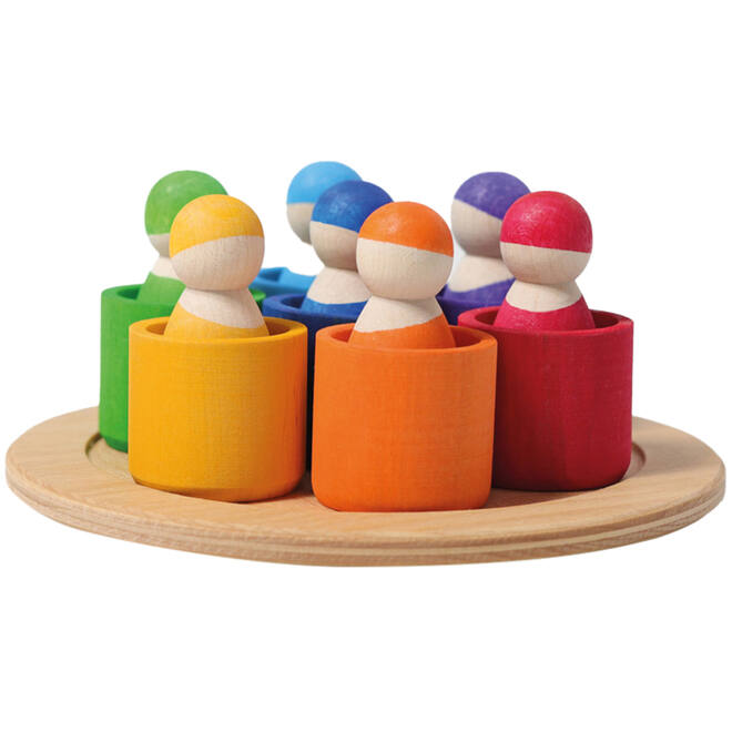 Grimm's - zeven regenboog vriendjes in potjes - hout - set van 14