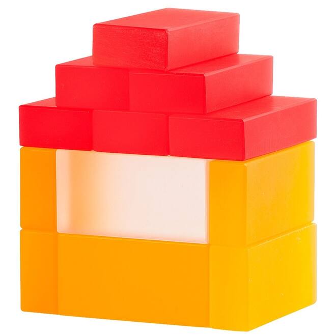 Transparante blokken in een houten kist, Licht
