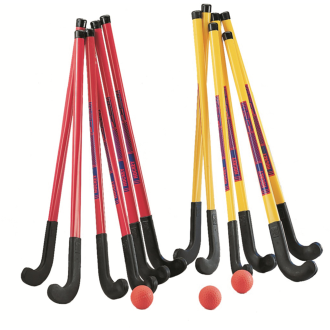 Zaalhockeyset, play fit rood/geel, 12 stuks incl. tas