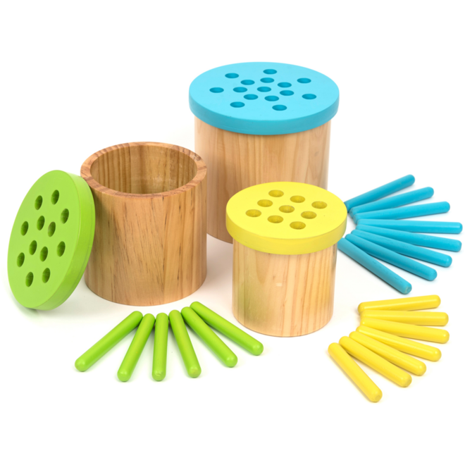 Kleur en sorteelspel met 3 houten bakken, staafjes