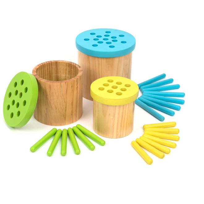 Kleur en sorteelspel met 3 houten bakken, staafjes
