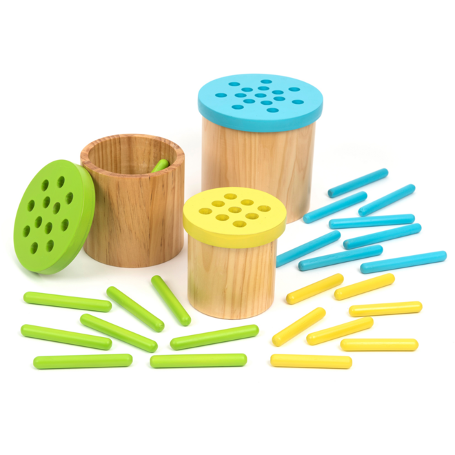 Kleur en sorteelspel met 3 houten bakken, staafjes