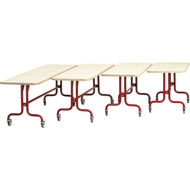 Tafel 210 x 60 cm, rood onderstel  blad met berkenstructuur hoogte 71 cm