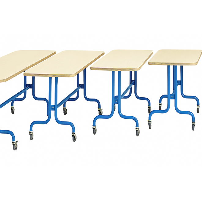 Tafel 180 x 60 cm, blauw onderstel blad met berkenstructuur hoogte 71 cm