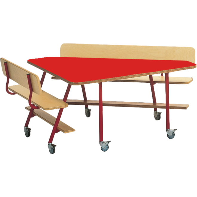 Tafel 132 x 80 cm met 2 banken, rood onderstel en gekleurd blad hoogte 71 cm