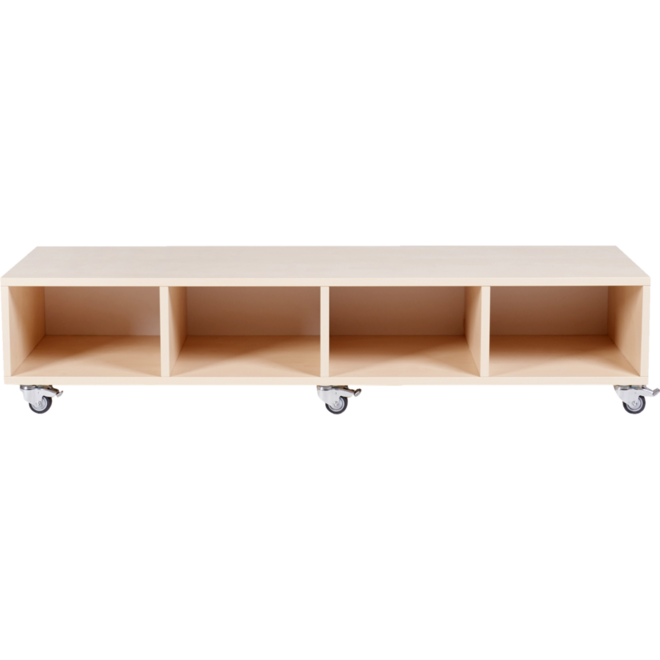 Peuterbank recht 138 x 43 x 30 cm incl wielen, 4 lades 15 cm hoog, ahorn