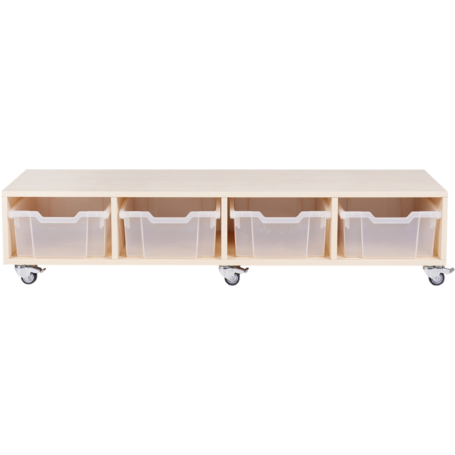 Peuterbank recht 138 x 43 x 30 cm incl wielen, 4 lades 15 cm hoog, ahorn