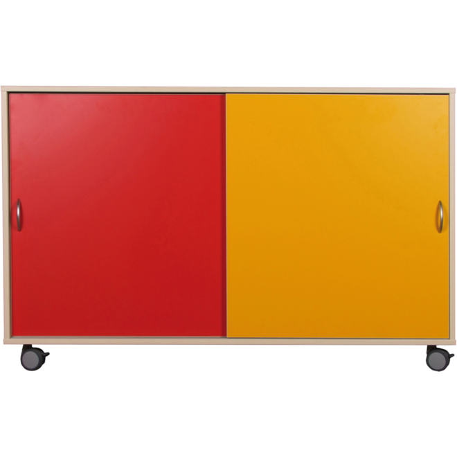 Materiaalkast Flex 4, 4 legplanken gekleurde schuifdeuren en wielen, Ahorn