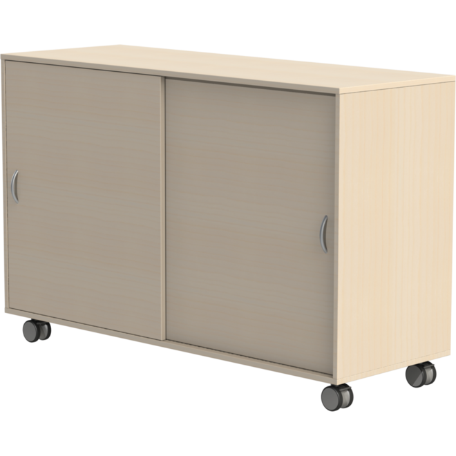 Materiaalkast Flex 4, 4 legplanken met schuifdeuren en wielen