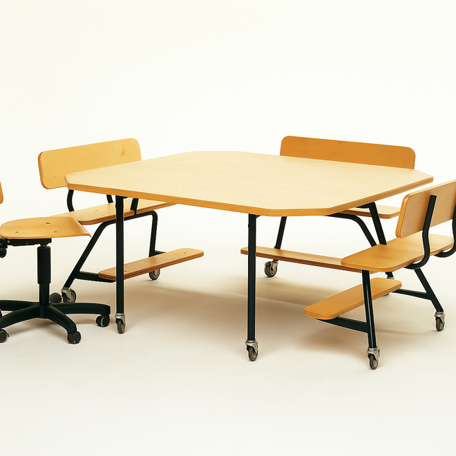 Peuterinstructietafel met 3 banken, zwart onderstel en berkenstructuur blad