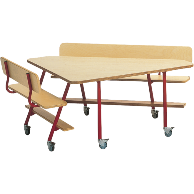 Driehoektafel met 2 banken, rood onderstel en blad berkenstructuur