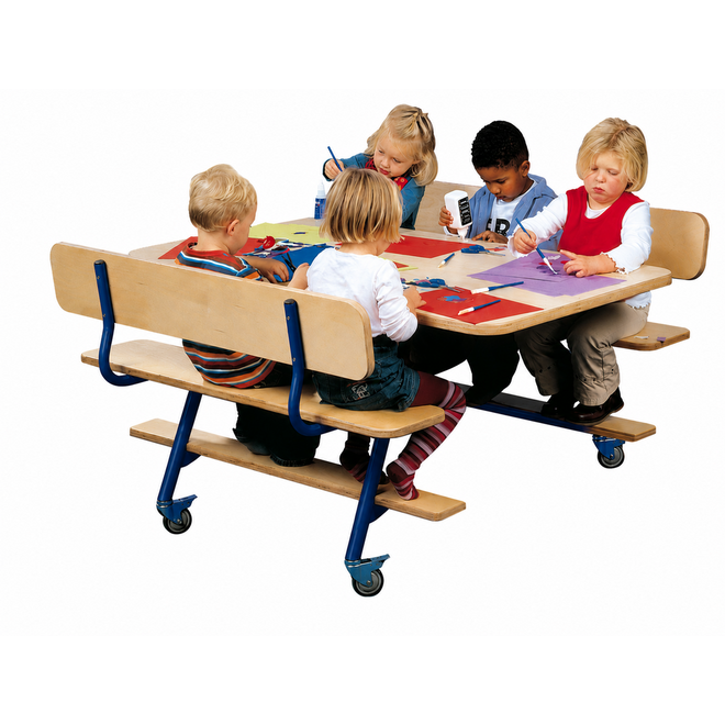 Tafel 132 x 80 cm met 2 banken, blauw onderstel en berkenstructuur blad
