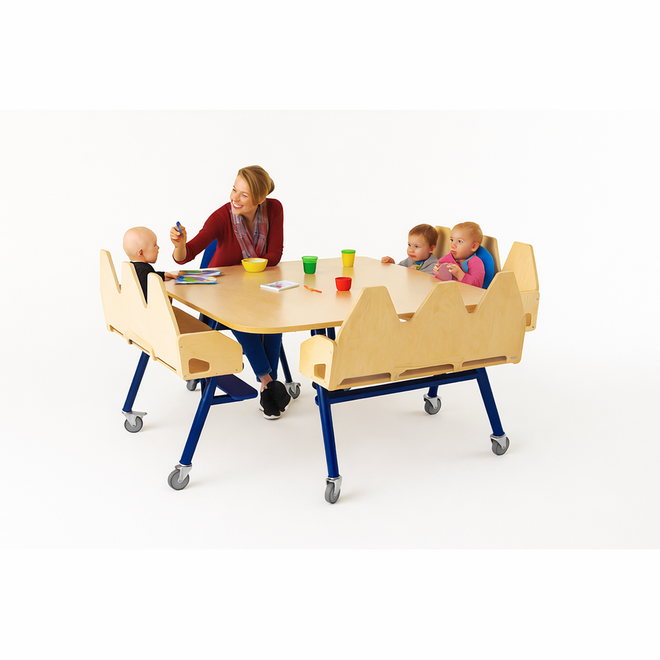 Begeleidingstafel blauw formica met 2 banken
