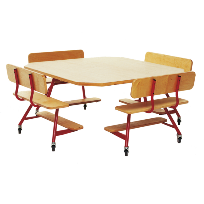 Peuterinstructietafel met 4 banken, rood onderstel en berkenstructuur blad