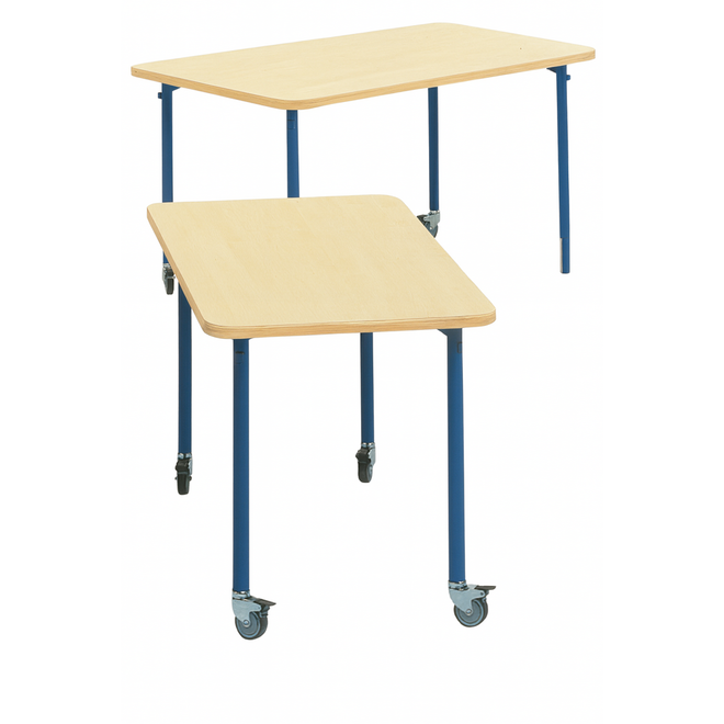 Tafel 132 x 66 cm, blauw onderstel gekleurd blad