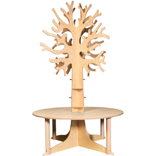 Tafelboom 240 cm hoog, diameter ronde tafel 150 cm, HPL blad wit eiken