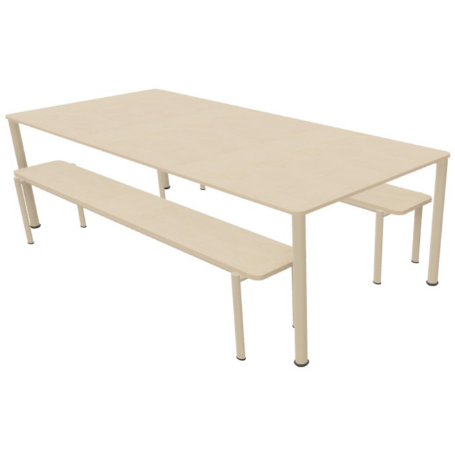 Tafel 200x90x59cm incl.wielen, blad berken, poten rond NCS S1510-Y30R