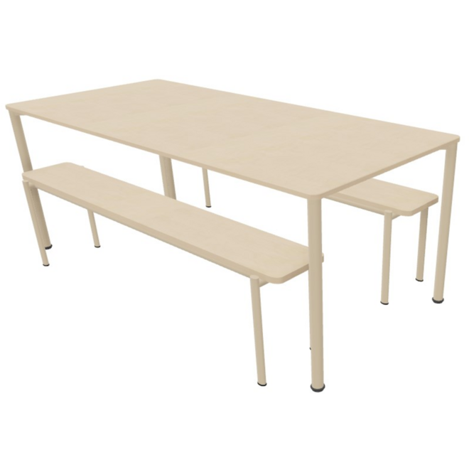Tafel 200x90cm 76 h,incl.wielen berken blad, poten rond NCS S1510-Y30R