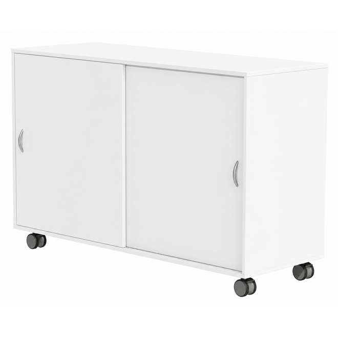 Materiaalkast Flex 4, 4 legplanken met schuifdeuren en wielen